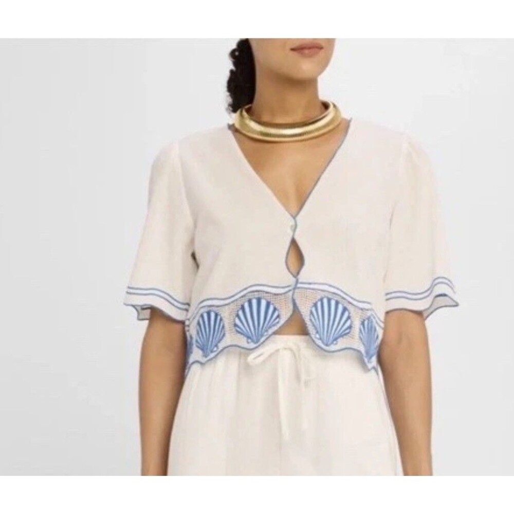 Rails Venice White Cotton Linen Seashell Embroidered  Blue Crop Top Size Small